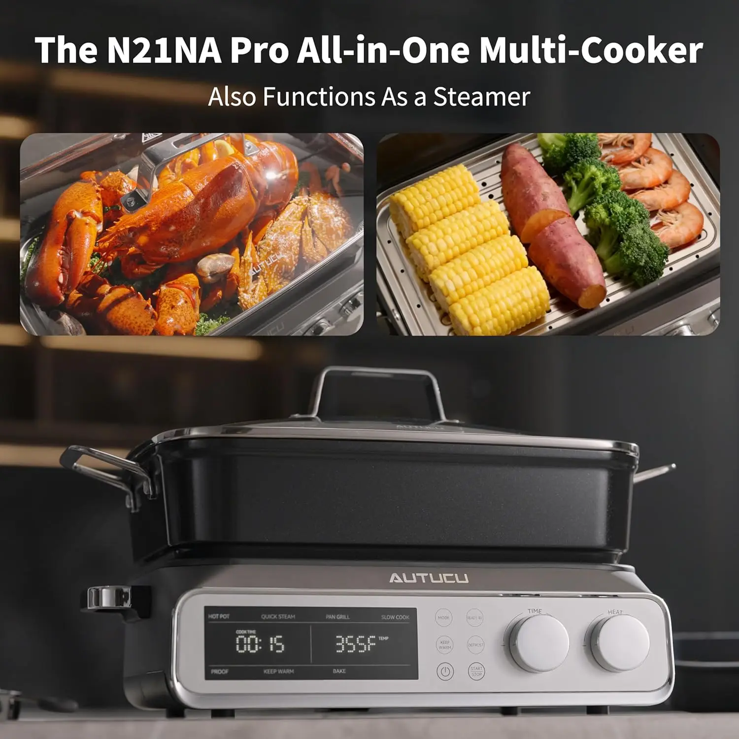 

N21NA Pro Slow Cooker 10 Quart, 8-in-1 Programmable PFOA-Free Ceramic Coated Multi-Cooker with Grill Pan, Steaming Plate (Includ