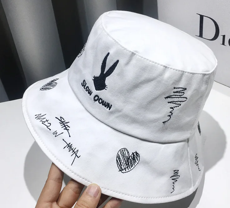 Women\'s Summer Rabbit Bucket Hat Bob Men\'s Black Bunny Embroidery Panama Hip Hop Caps Travel Fashion Fishing Sun Fisherman Hat