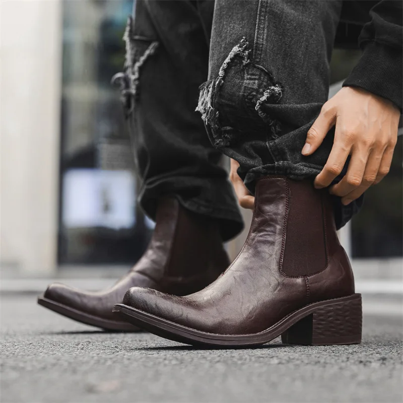large size mens fashion punk rock high chelsea boots black brown slip-on shoes cowboy original leather boot designer ankle botas