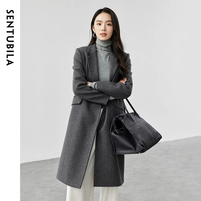 SENTUBILA Straight Wool Coat Women 2024 Winter Warm Korean Style Solid Mid-length High Quality Outerwears Ladies 144X56642