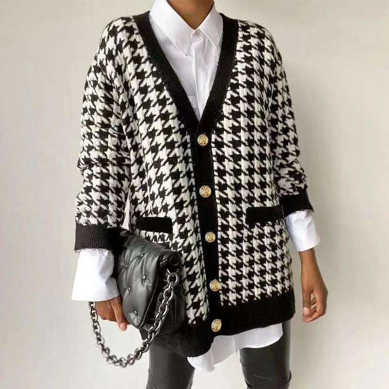 Elegant Houndstooth Knit Cardigan Women Autumn 2023 V-neck Long Sleeve Loose Knitted Jacket Sweater Female Oversized Cardigan