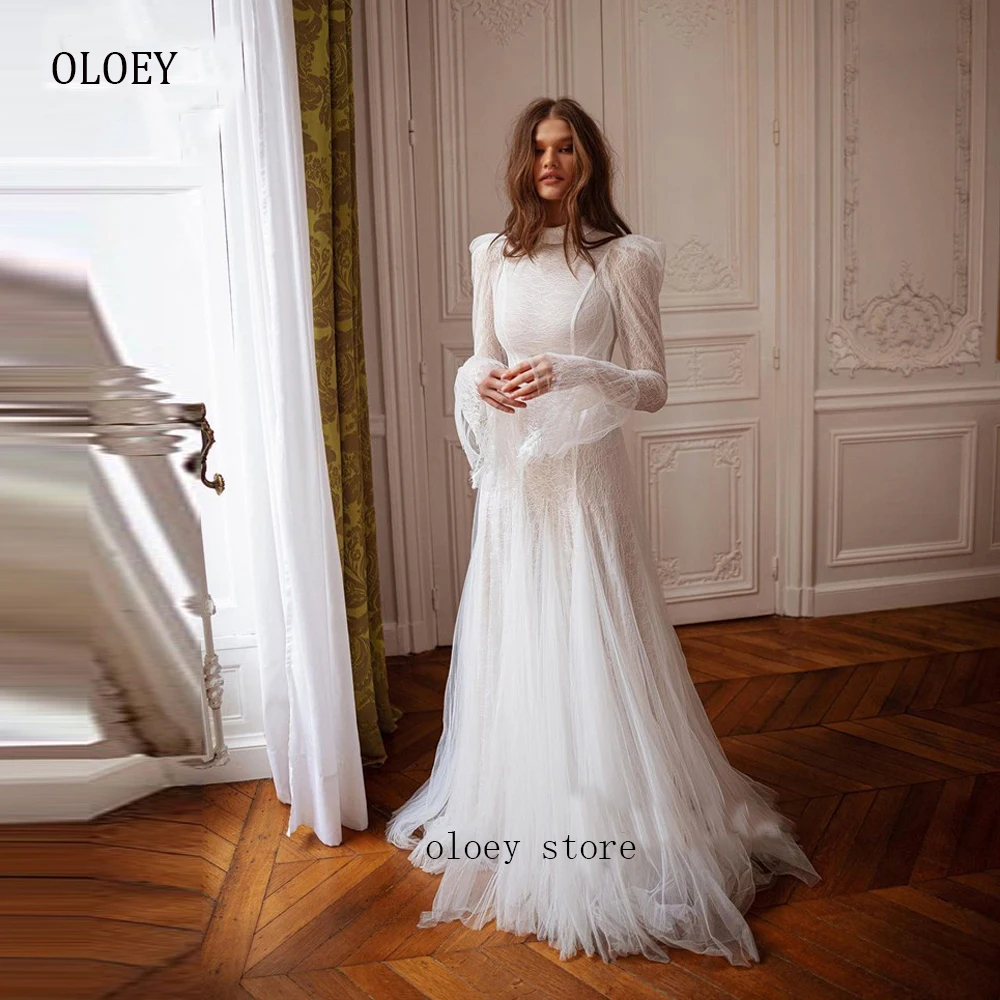 

OLOEY Modest High Neck Lace Long Sleeves Wedding Dresses Mermaid Soft Tulle Bohemian Bridal Dress Vestido de noiva Elegant