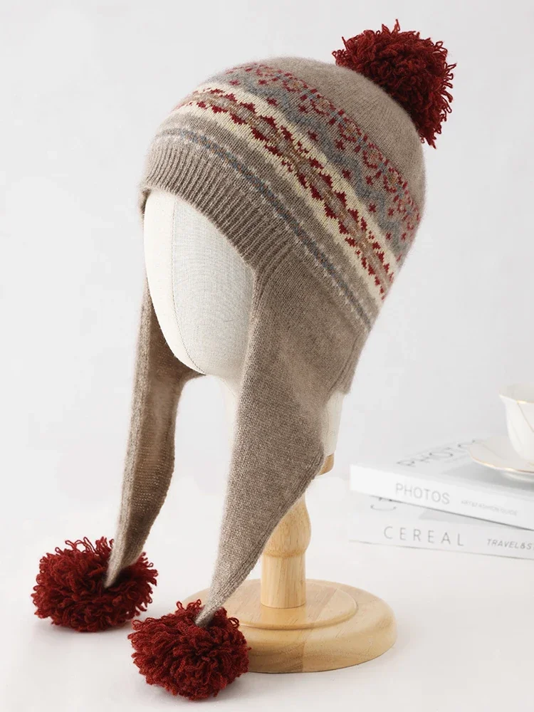 Retro Warm Hats 100% Cashmere Women's Hats Children Teenagers Cap Winter Earflap Hats Jacquard Earmuffs Knit Ski Outdoor Beanies