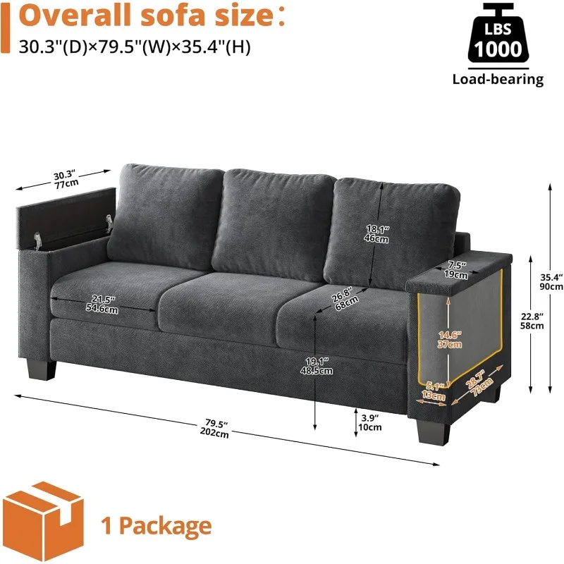 Sofas Couches for Living Room, with Storage Wide Armrest, 80