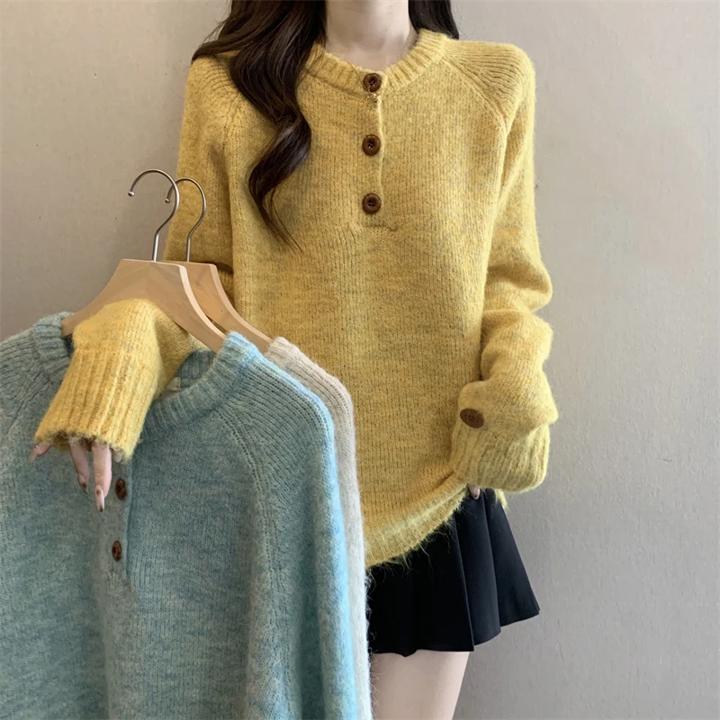 

Korean Style Gentle Round Neck Women Sweater Fashion Retro Button Design Long Sleeve Knit Tops New Loose Casual Soft Pullovers