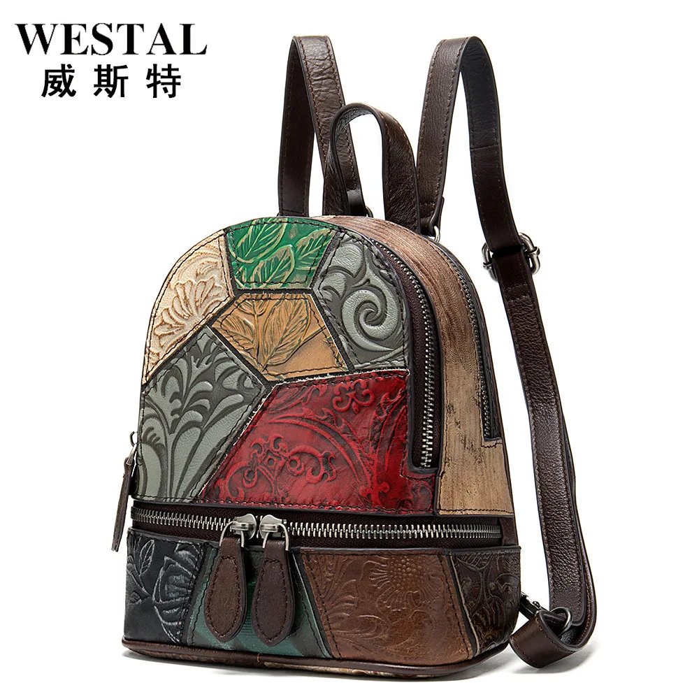 

Women's Casual Backpack Large Capacity Fashionable Genuine Leather Patchwork Bag Vintage Cowhide Backpack