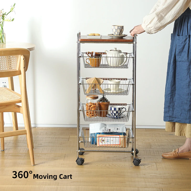 Rolling Utility Cart with Storage Basket, Storage Holders Racks, Retro Vintage Kitchen and Dining, 4-Tier