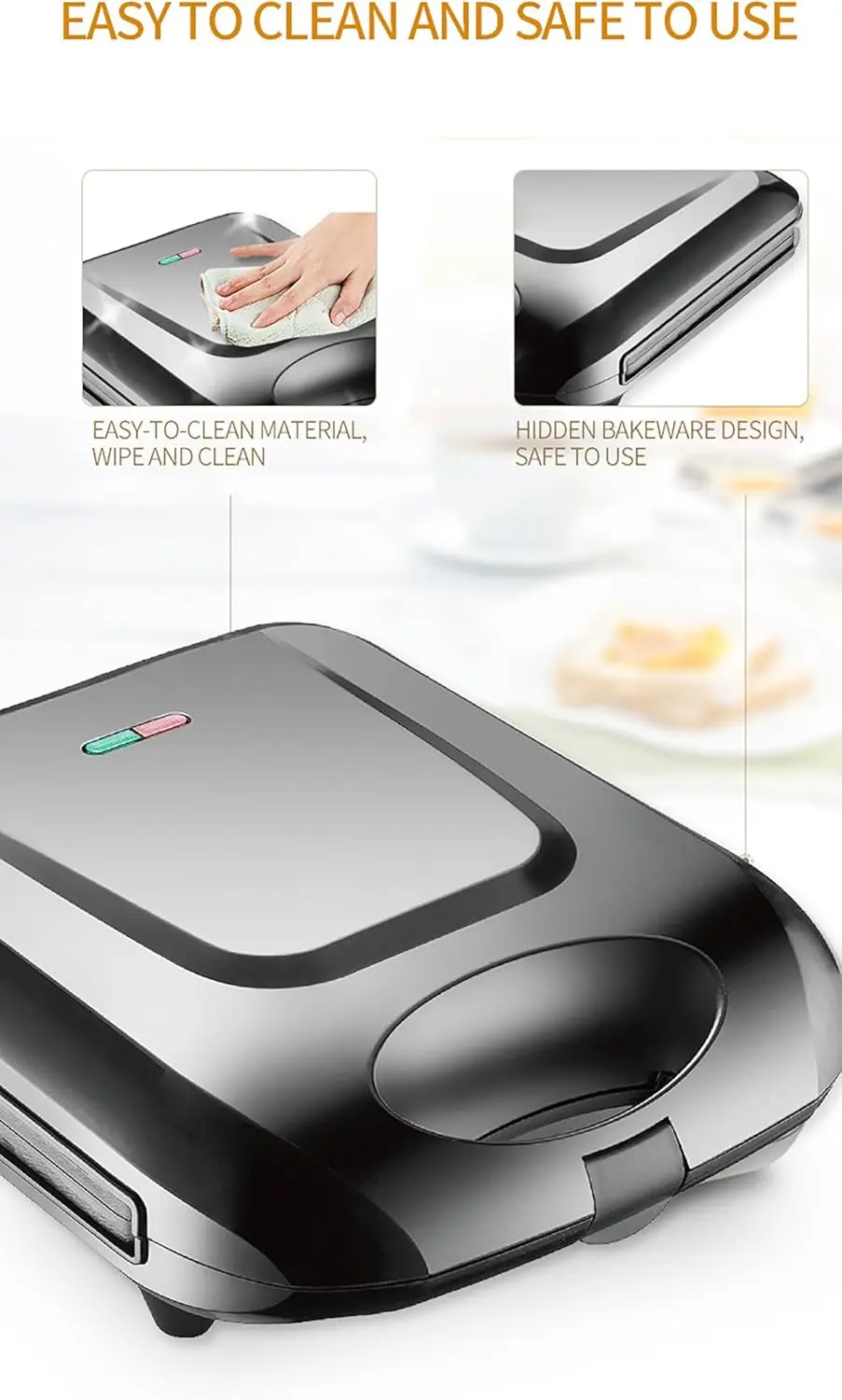 ماكينة صنع الوافل والمافن الخفيفة المنزلية الصغيرة على الوجهين، ماكينة الإفطار ساندويتش، أسود