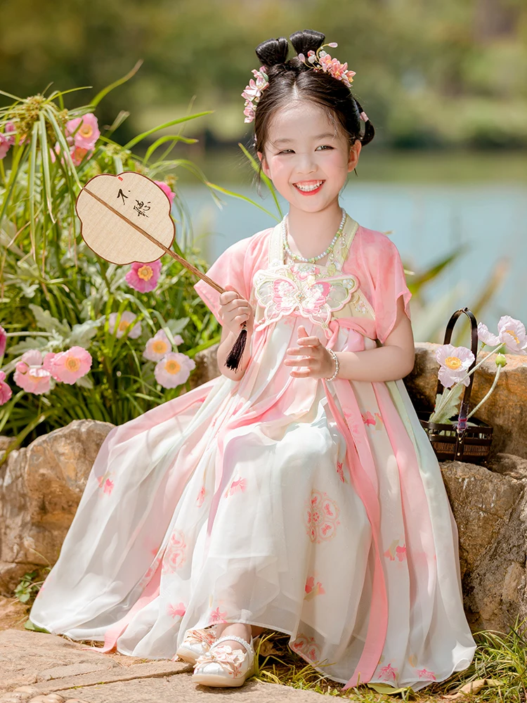 Hanfu Girls' Summer Clothing 2024 New Little Girl's Ancient Costume Improved Jacket and Dress