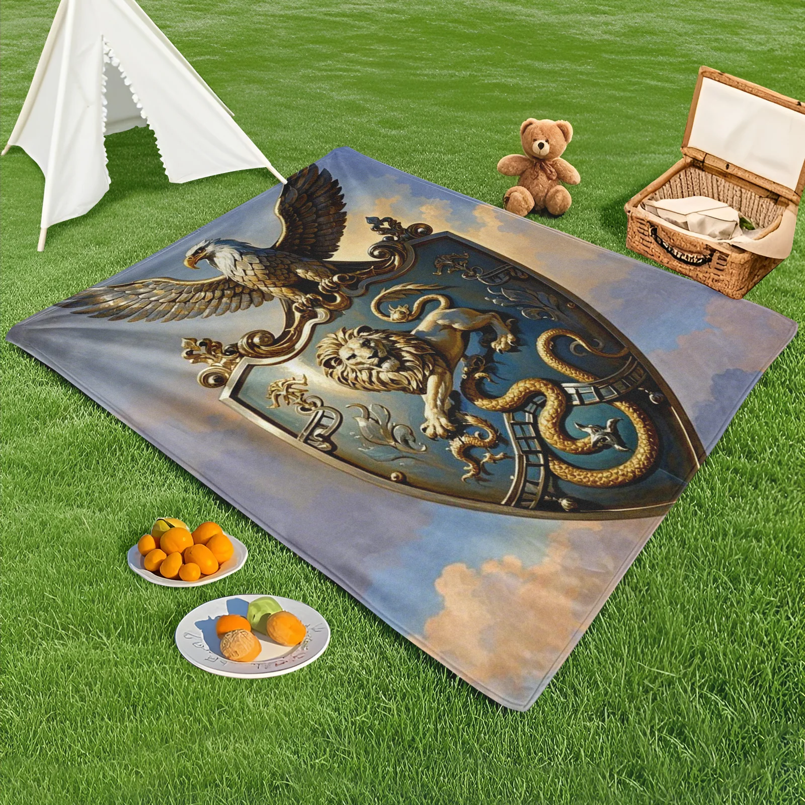 

Shield Emblem With Lion And Eagle Motif Featuring Sky Blue And Cloud White Outdoor Blanket For Majestic Outdoor Style