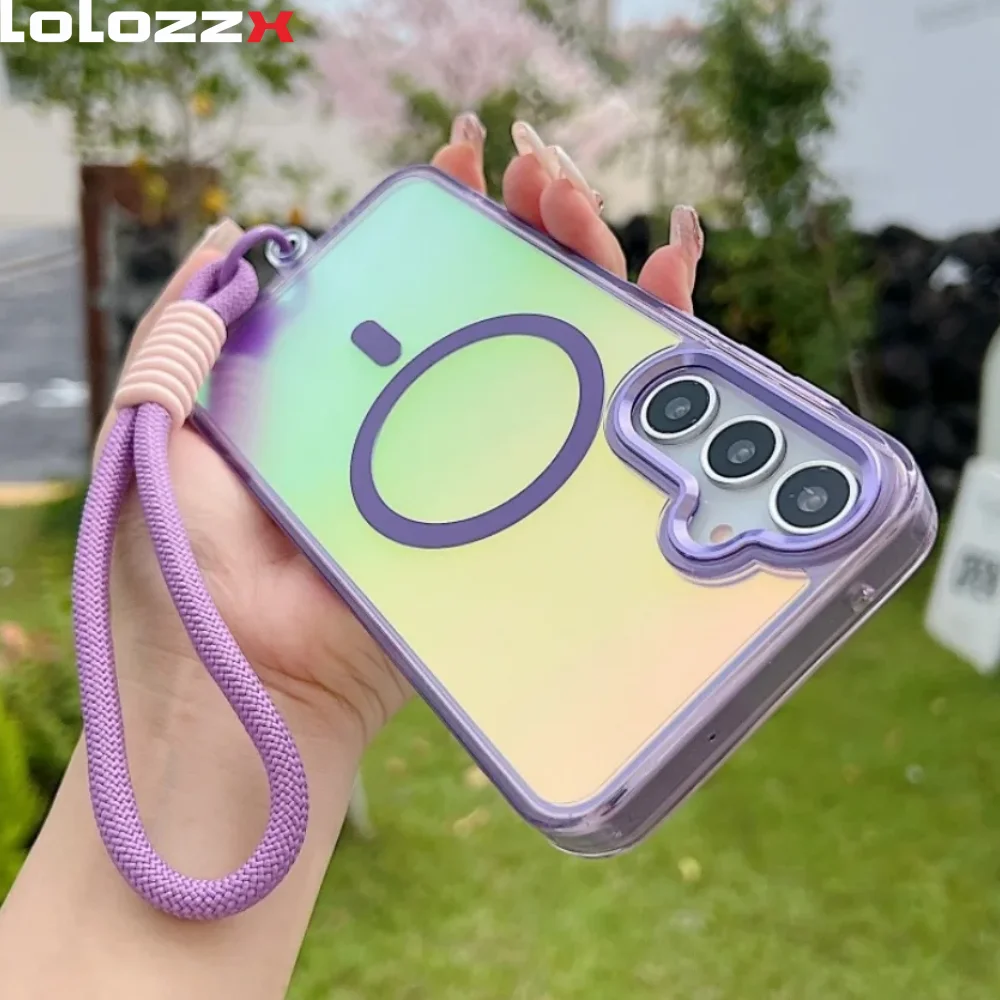 Gradient Laser Magnetic Wrist Strap Case For Samsung S25 S23 Ultra S24 Plus S25Edge A55 A56 A35 A36 