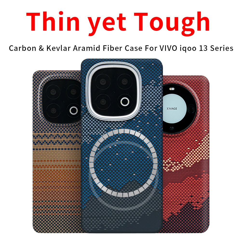 

For vivo iqoo 13 carbon case aramid fiber kevlar fabric thin hard cover magnetic balck Slim light red 600d premium 1500D