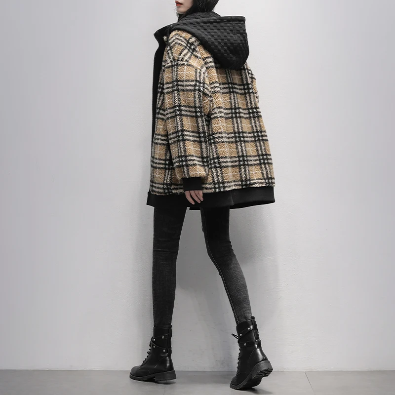 منقوشة الجسيمات Fce ort Jaet المرأة Thiened طويلة Sve مقنعين Faion التخسيس معطف فرو الضأن الشتاء تخفيف Sle