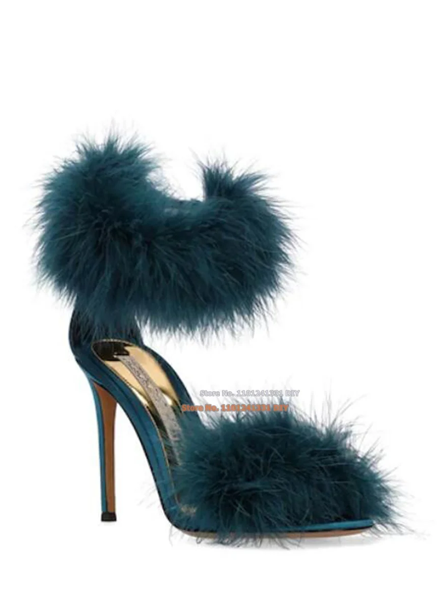 

105Mm High Heel Blue Fur Sandals Women Soft Feather and Satin Upper Ladies Ankle Strap Concise Summer Dress Shoes