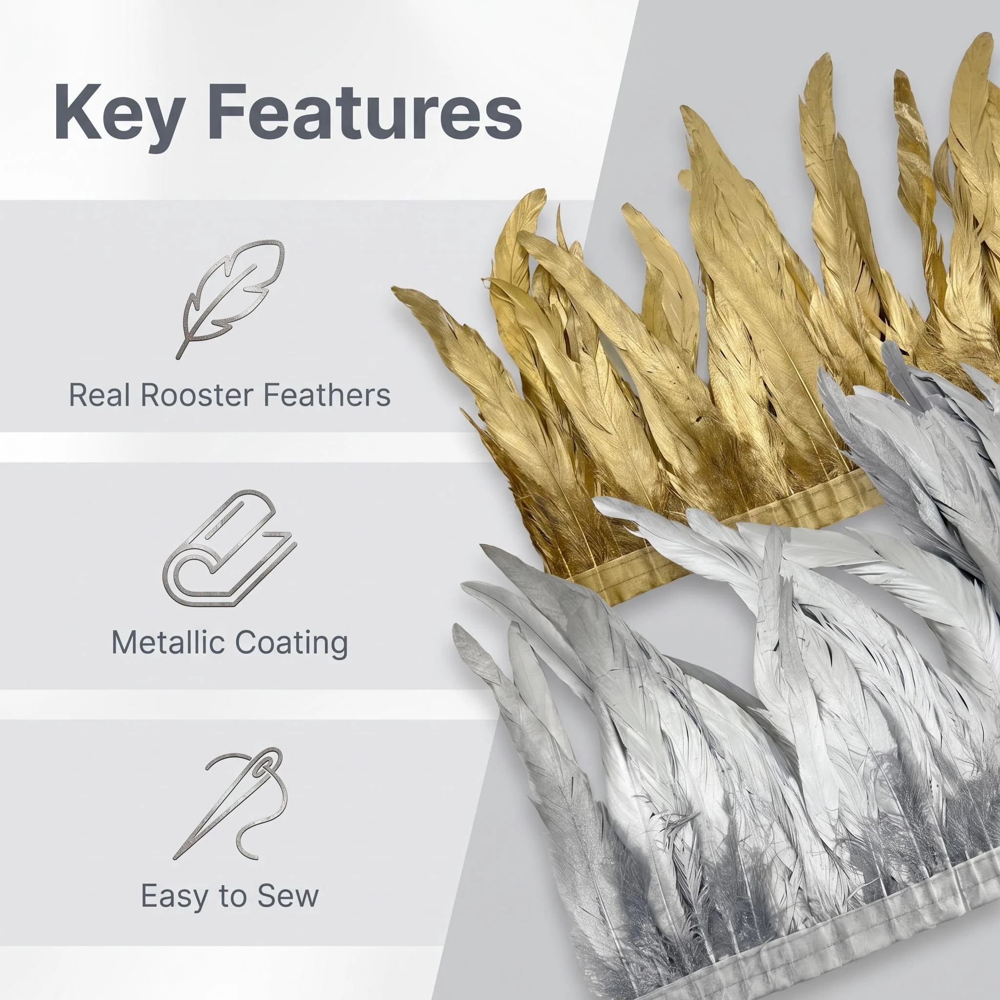 2M Gold Silver Rooster Tail Feather Trim on Tape Spray Dyed Feather Fringe Ribbon DIY Sewing Costume Craft Decoration