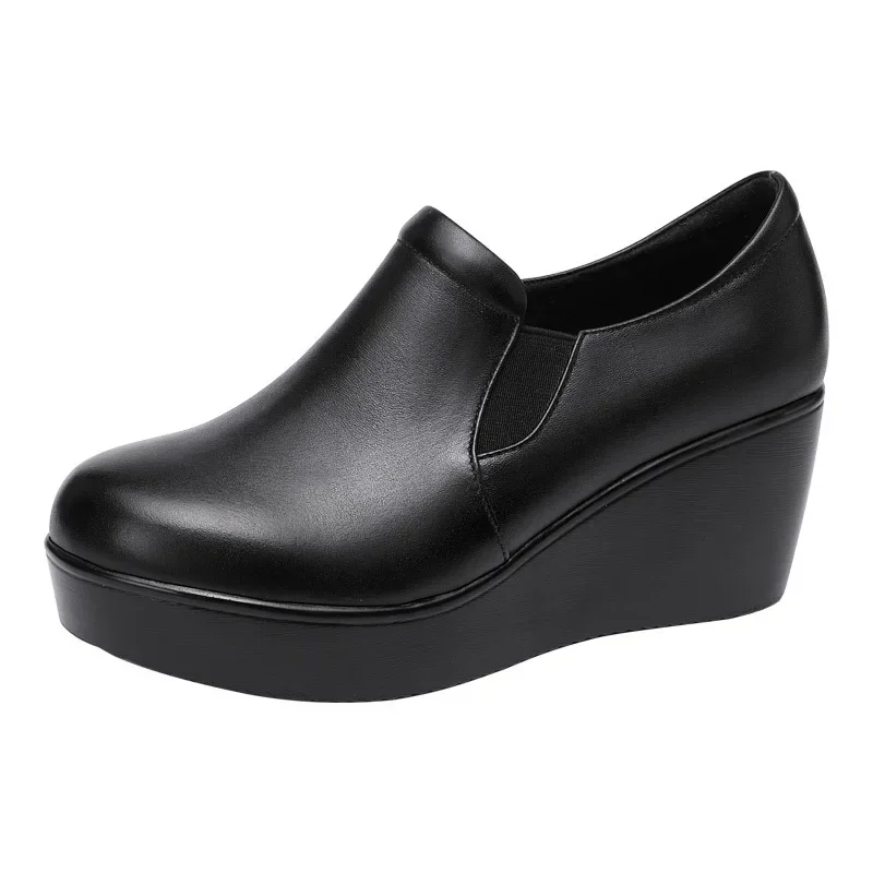 6cm Small Size 32-43 Comfortable Med Heels Platform Wedges Shoes 2024 Spring Deep Mouth Soft Leather Loafers Slip on Mom Shoes