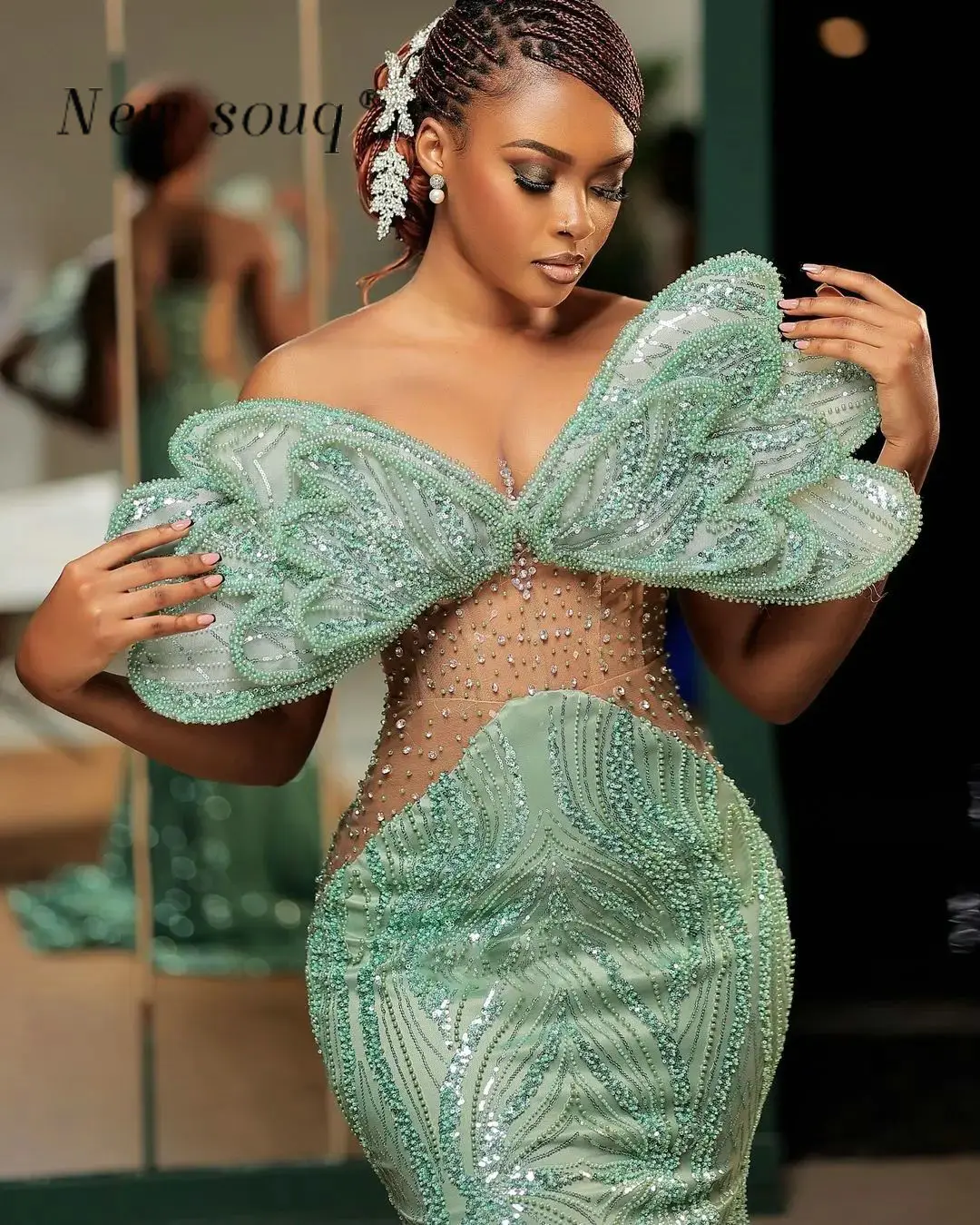 Aso Ebi Mint Green 3D Butterfly Design Long Mermaid Evening Dresses Beaded Crystals Black Girls Formal Gowns Wedding Party Wear