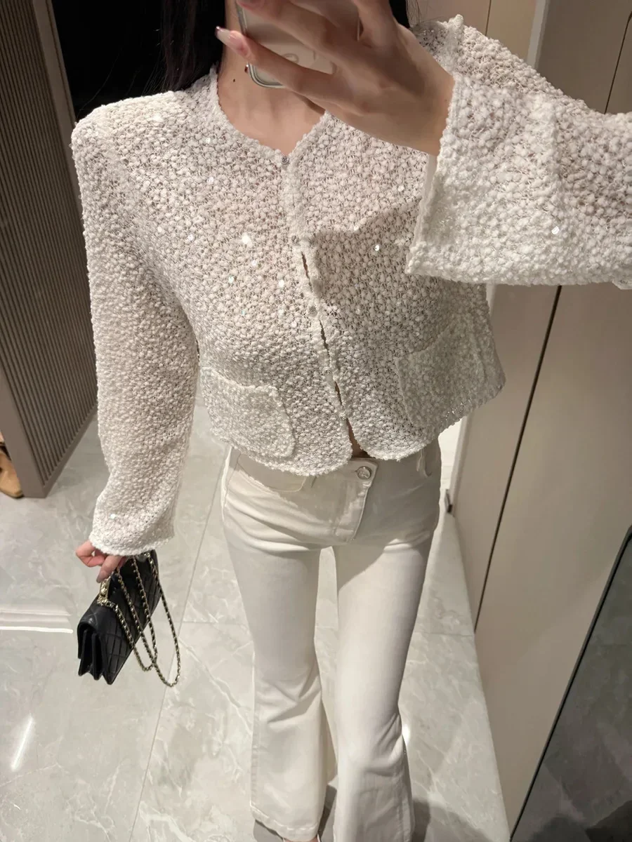 

Женская куртка с блестящими пайетками, тонкая стильная весенне-летняя верхняя одежда, пальто с круглым вырезом и длинными рукавами