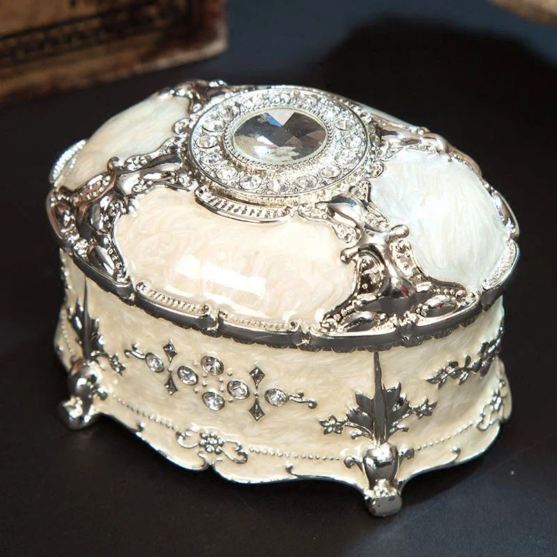 European Vintage Accents Oval Shaped Embossed Silver White Jeweled Metal Trinket Jeweled Box with Feet