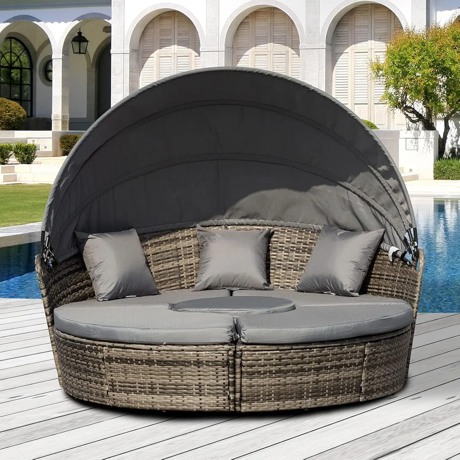 Outsunny 4-Piece Round Convertible Daybed With Cushions, Outdoor Pe Rattan Patio Wicker Sofa Set, Sunbed With Adjustable Sun