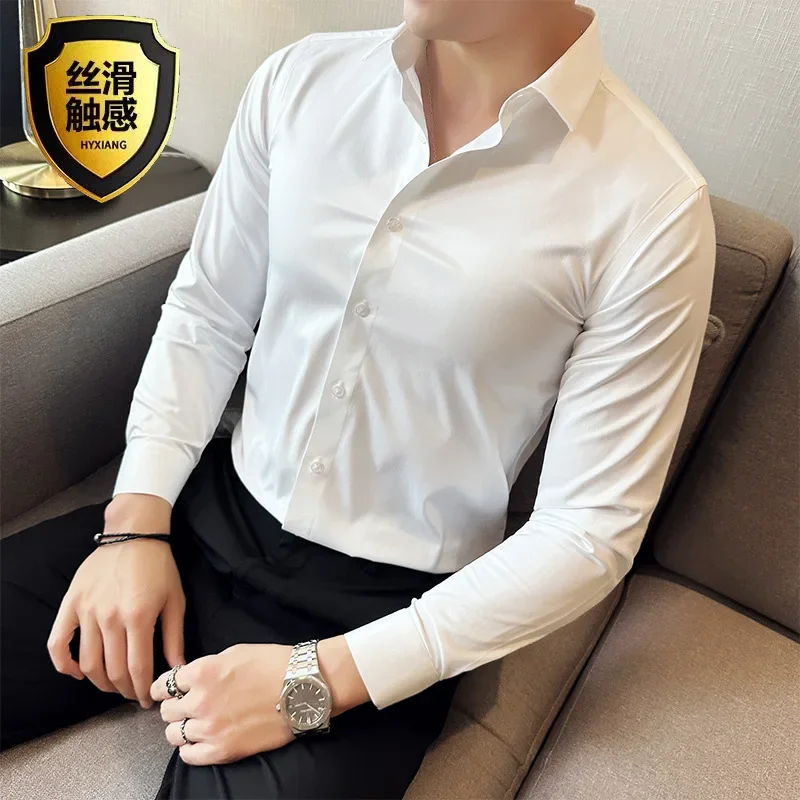 Seamless silk business casual shirt, long sleeved white non ironing elastic silk sliding cross shirt, men's formal wear Z127