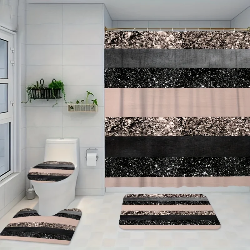 1pc/3pcs/4pcs Striped Pink Gray Black Sequin Pattern Bathroom Set Including Shower Curtain Four-piece Set Three-piece Set