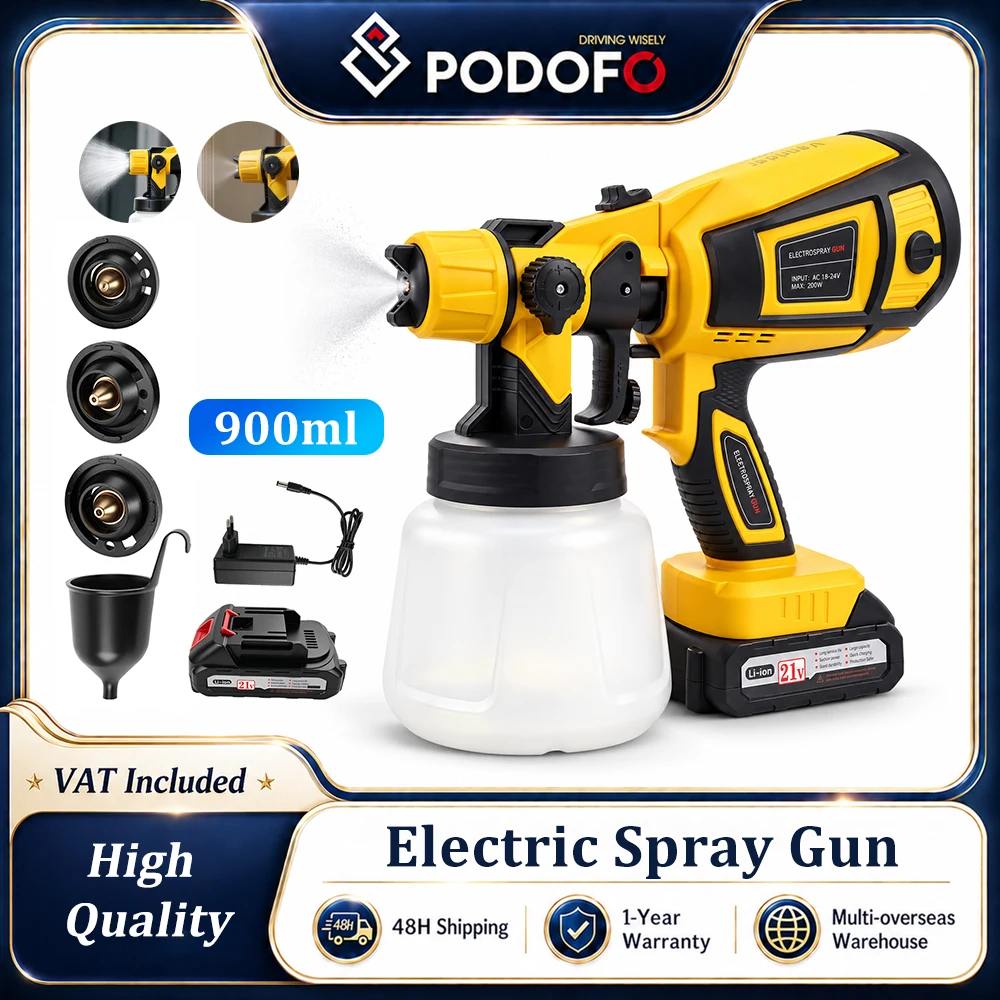 Podofo, pistola a spruzzo elettrica senza fili, modello HVLP, per verniciatura di automobili, mobili e acciaio, con 3 modalità di spruzzo, pistola a spruzzo elettrica con 4 ugelli.