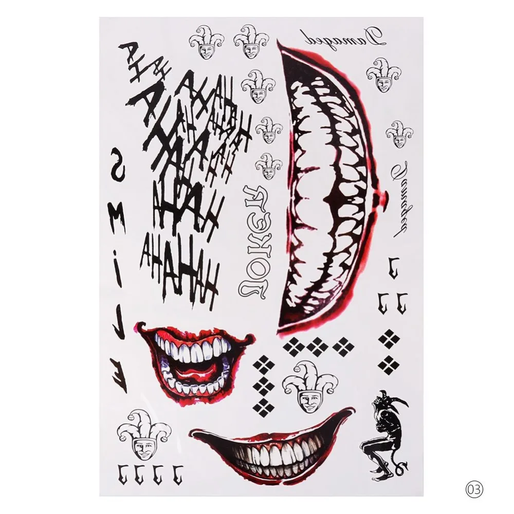 Waterproof Temporary Tattoo Sticker Skull Joker Clown Pattern Tattoo Water Transfer Body Art Fake Tattoo Halloween Party Makeup