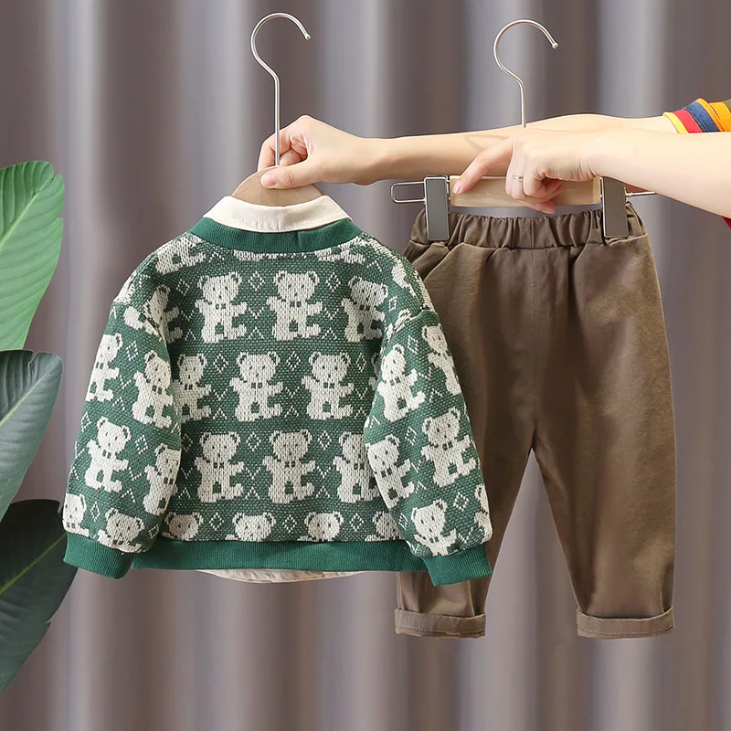 Spring Autumn Baby Boy Clothes Sets 1-5Y Casual Kids Bear Knit Cardigan Outwear+Shirts +Pants 3PCS Suit Fashion Children Outfits