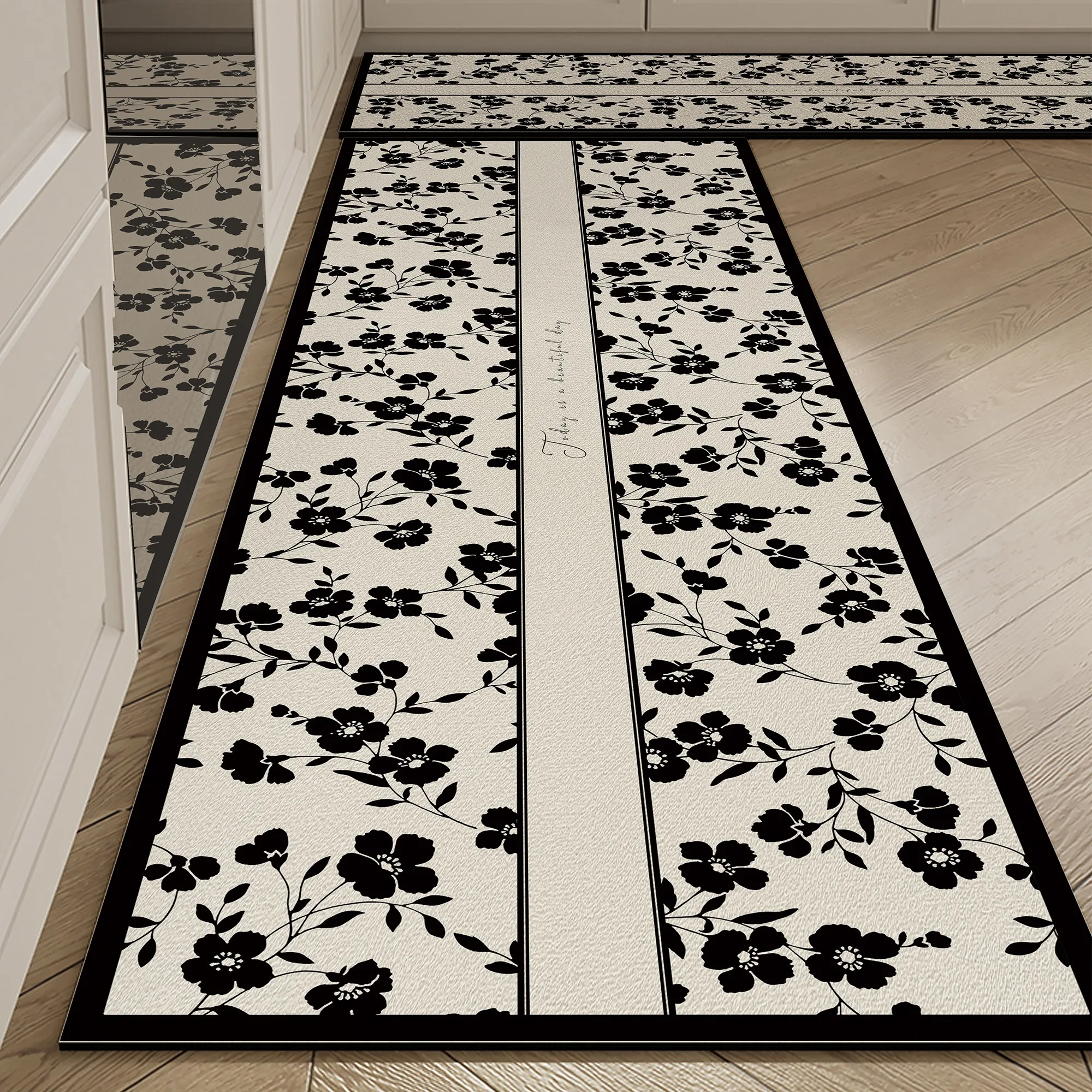 Long Kitchen Carpet Black White Style Anti-slip Oil-proof Floor Mat Pvc Leather Waterproof Mats Floral Pattern Decorative Rug