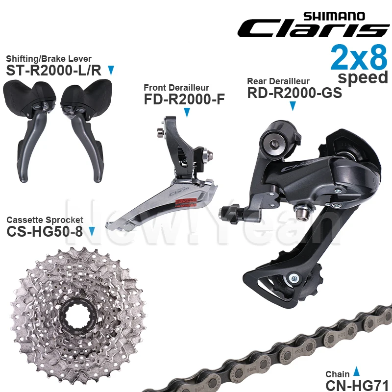 

SHIMANO CLARIS R2000 2x8 Speed Groupset ST-R2000 FD-R2000 RD-R2000 and CS-HG50-8 Cassette CN-HG71 Chains Original