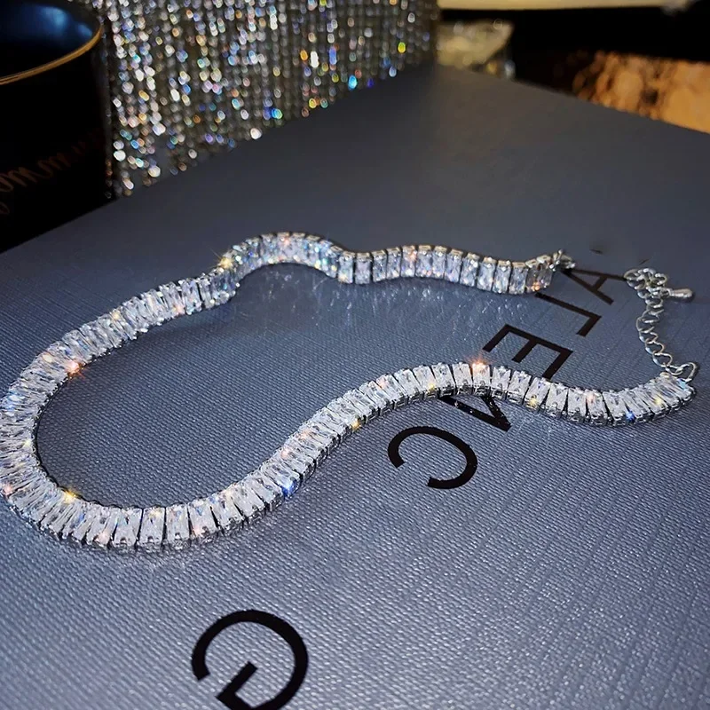 Stainless Steel Shiny Zircon Necklace for Women Simple Adjustable Rhinestones Collar Choker Necklace Fine Jewelry Gifts view 5