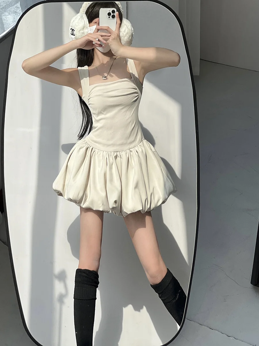 ballet-style-cotton-village-women's-dress-summer-new-high-waist-a-line-skirt-slimming-fluffy-short-dress-sexy-pure-color