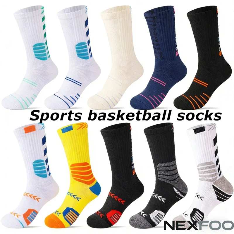 SSUNTAK Men Crew Sports Basketball Socks Breathable Cushioned Anti Slip Compression Athletic Socks Running Training Multi Color