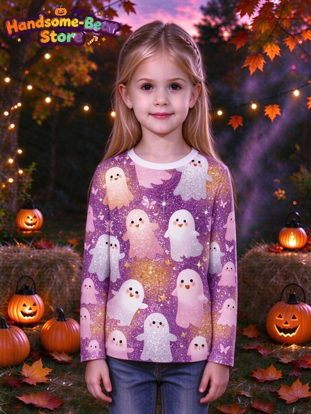 Girl Clothes Halloween Pink Glitter Ghost Print Trick or Treat Long Sleeve T-Shirt Costume Holiday Girl Gift Children's Clothing