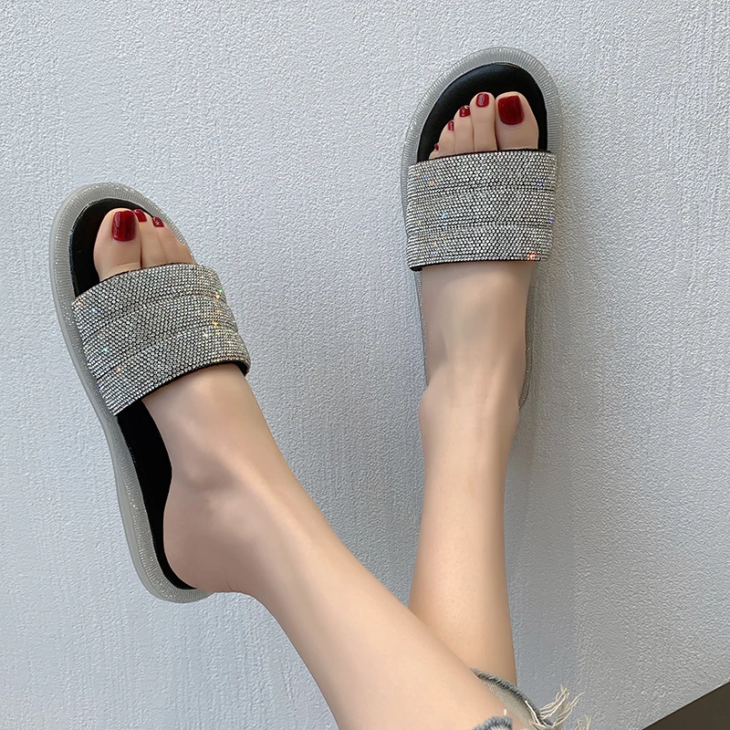 جديد 2023 صنادل ماسية لامعة مفتوحة الاصابع مسطحة نعال نسائية أحذية سانداليا للحفلات النسائية صنادل نسائية #5