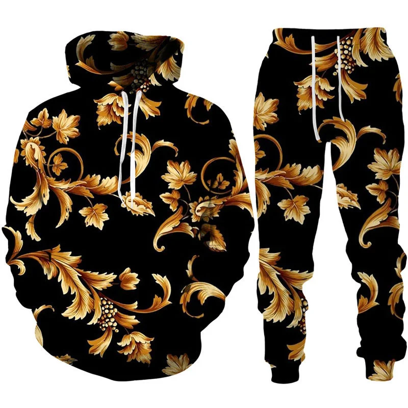 Sudadera con capucha y pantalones con estampado 3D Floral dorado para hombres y mujeres, chándal informal, conjunto de moda, traje deportivo,