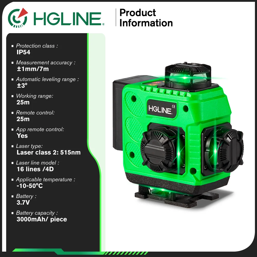 HGLINE 4D 16 Lines Green Line Laser Level Self-Leveling 360° Horizontal And Vertical Laser Level With 30m APP Remote Control