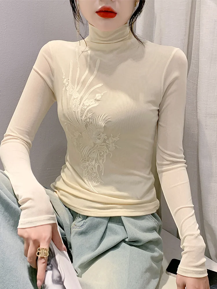 Ele Long Sve T-shirt ricamata Colletto alto da donna Patchwork Slim Fit Capispalla Base irt Commute Sle Stagione autunnale