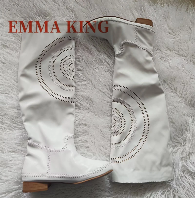 النساء فو الجلد المدبوغ حذاء برقبة للركبة جولة تو مريحة الشقق بوتاس برشام ديكور أحذية مطرزة الرجعية الربيع الصيف الأحذية