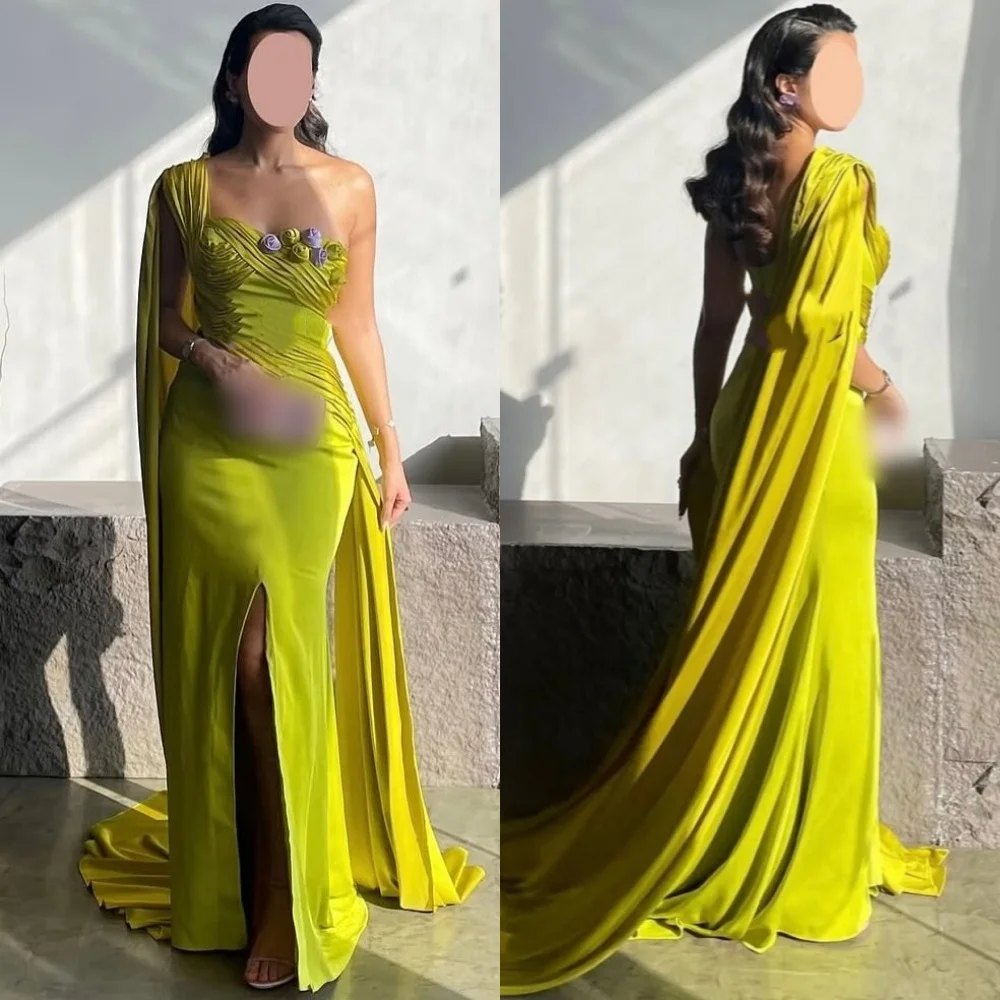 

Customized Sizes Available Charmeuse Flower Pleat A-line One-shoulder Long Dresses Bespoke Occasion Formal