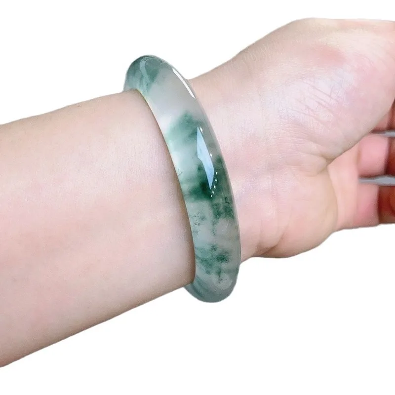 Natural ice-clear jadeite bracelet with floral patterns, genuine round jadeite bracelet from Myanmar, authentic ice-clear and mo