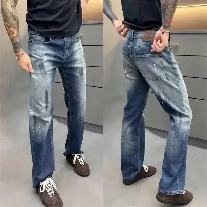 

High Quality Men's Straight Leg Jeans Gradient Splashed Ink Design Fashionable Trendy Cotton Polyester Blend mid Waist Zipper...