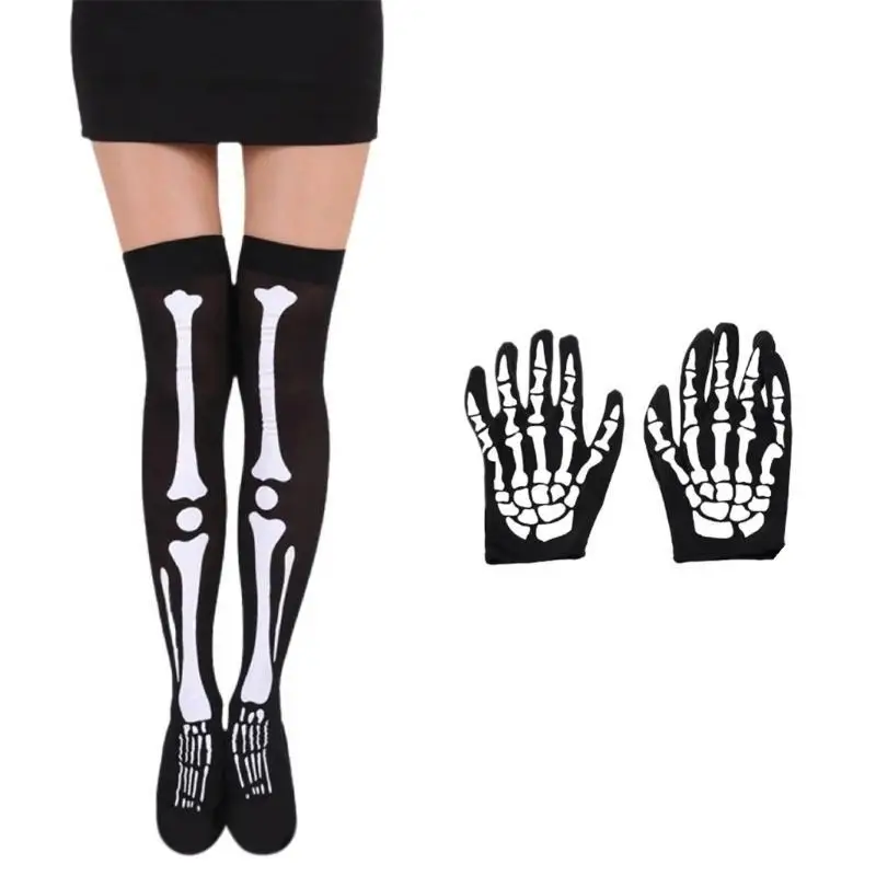 652F Halloween Skeleton Gloves Full Finger Stretchy Stocking Costume Accessories