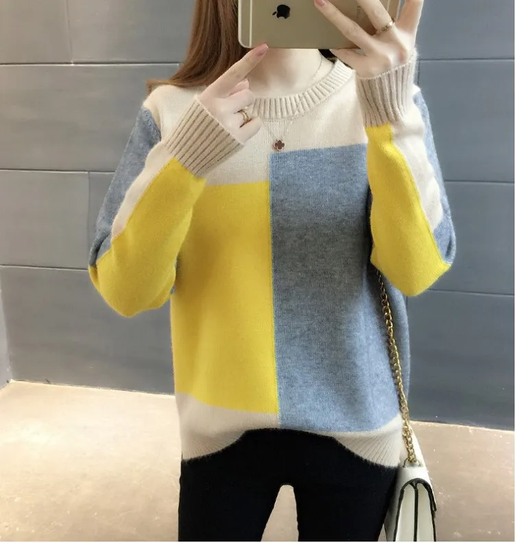 Autumn Women Patchwork Knitted Warm Sweater O-Neck Long Sleeve Sweet Pullovers Women Loose Casual Sweater Winter 2023