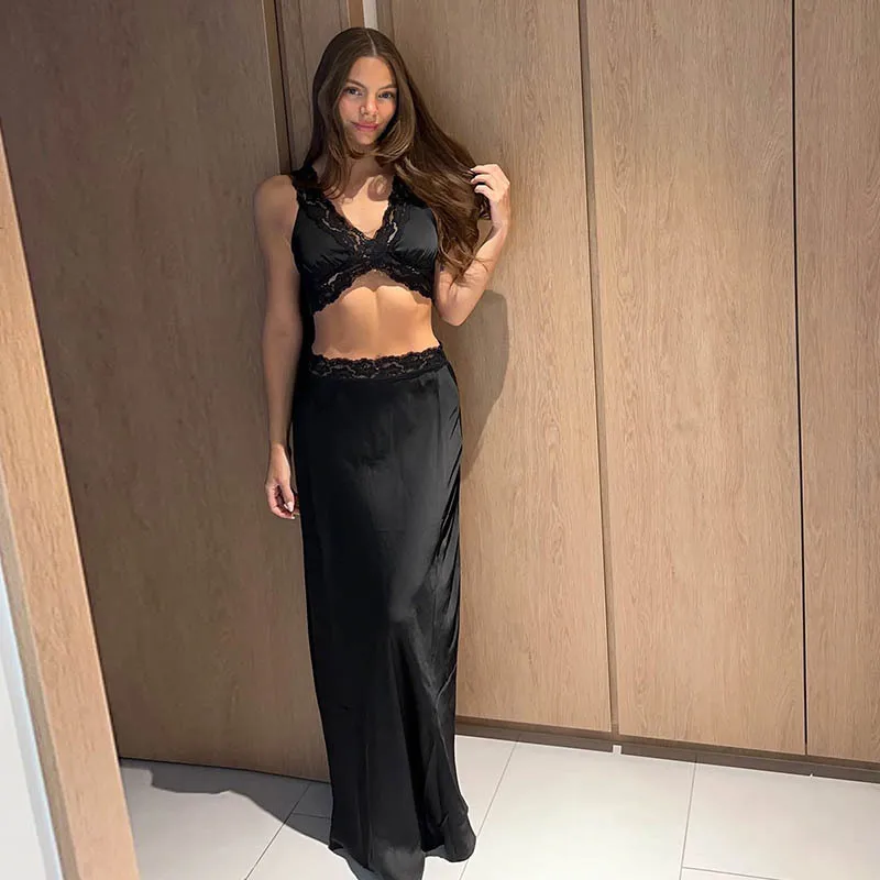 

European and American Style Lace Trim Collar Camisole Top Floor-Length Skirt Elegant Fashion Two-Piece Set