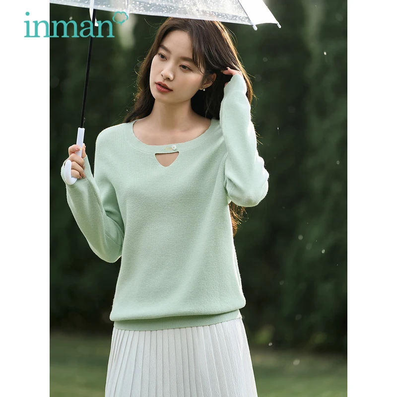 

INMAN Women Sweater 2023 Spring Long Sleeve Round Neck Loose Knitwear Hollowed Out Triangle Casual Versatile Green Blue Tops