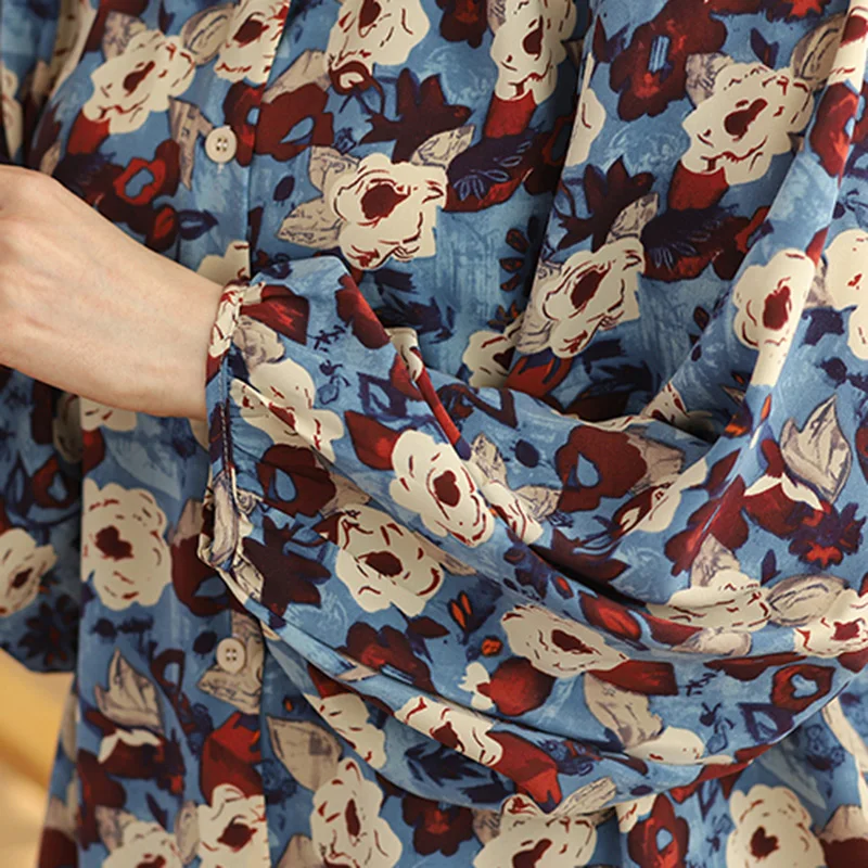 Camicetta da donna allentata con maniche a lanterna con scollo a o in Chiffon Vintage con stampa floreale camicette femminili monopetto abbigliamento donna 2024