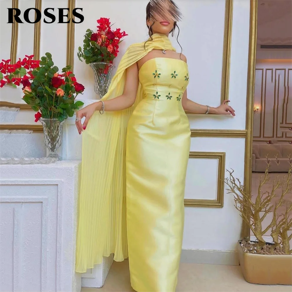 

ROSES Yellow Prom Dress Satin Strapless Celebrity Dress Crystal Women's Evening Dresses with Ruched Scarf Formal Gown Customized