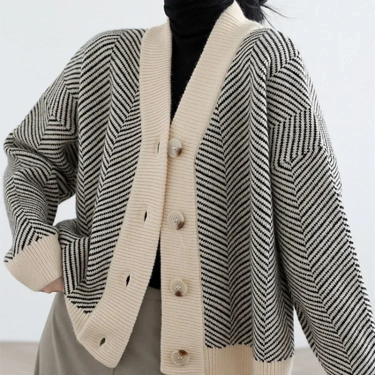 Loose and Languid Wind Knit Cardigan Autumn Winter 2024 New Style Collide Color Stripe Sweater Woman Coat